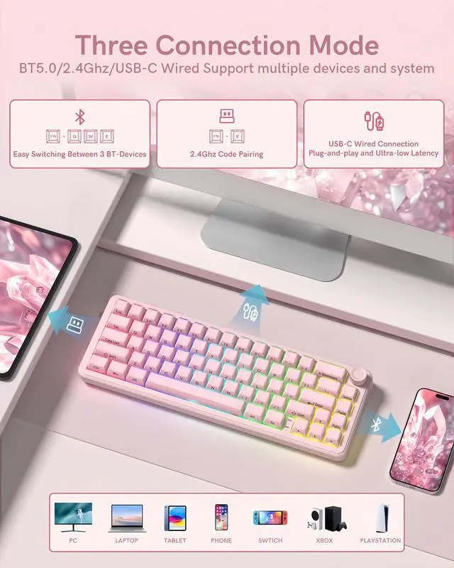 Alt view image 6 of 7 - womier L65 60% Pink Mechanical Keyboard with Knob,4000mAh,Tri Mode USB-C/BT5.0/2.4G,RGB Backlit,Hot Swap,Crystal Jelly keycaps,Linear Switch,Gasket Mounted Wireless Gaming Keyboard for PC/Mac