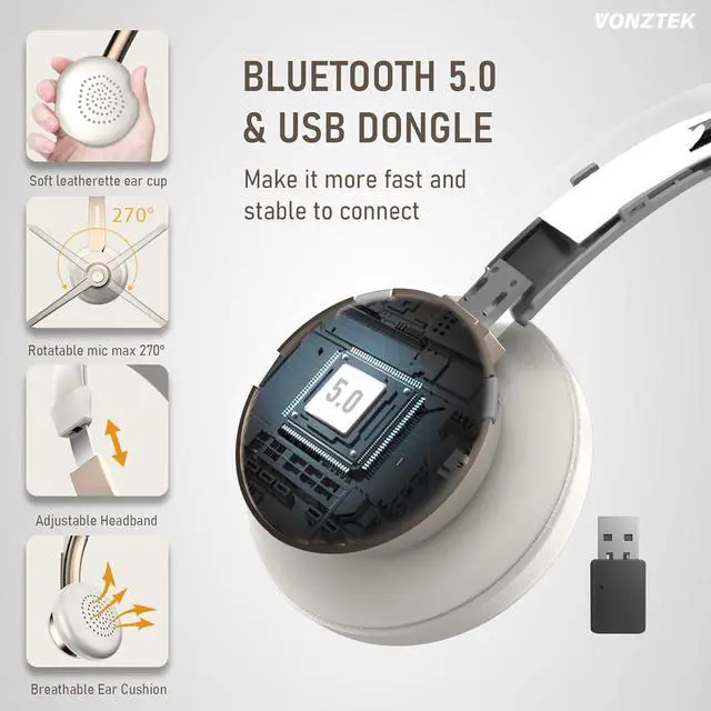 Alt view image 2 of 7 - Wireless Headset, Trucker Bluetooth Headset with Microphone Noise Canceling & USB Dongle, 5.0 Wireless Headphones with Mic Mute for Cell Phone PC Computer Work Office Teams Meeting Call