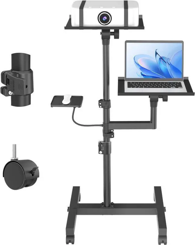 Main image of 2 Shelves Mobile Projector Stand, Rolling Laptop Stand Adjustable Height to 47 Inches, Podium Stands with Ventilated Tray, Heavy Duty, Laptop Floor Stand for Office, Home, Stage, DJ