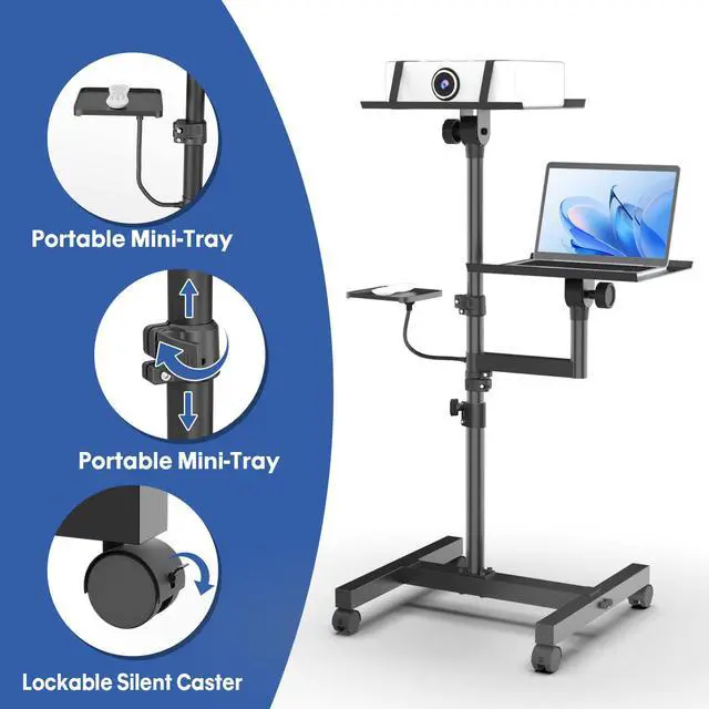 Alt view image 3 of 7 - 2 Shelves Mobile Projector Stand, Rolling Laptop Stand Adjustable Height to 47 Inches, Podium Stands with Ventilated Tray, Heavy Duty, Laptop Floor Stand for Office, Home, Stage, DJ