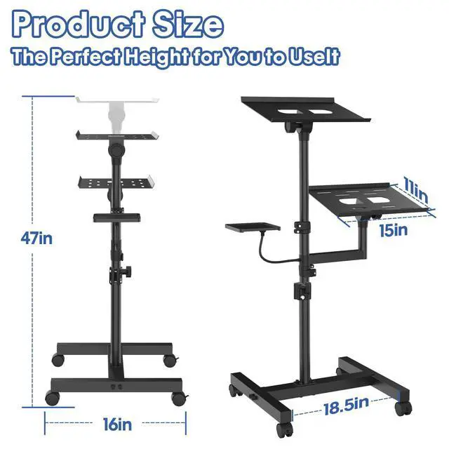 Alt view image 4 of 7 - 2 Shelves Mobile Projector Stand, Rolling Laptop Stand Adjustable Height to 47 Inches, Podium Stands with Ventilated Tray, Heavy Duty, Laptop Floor Stand for Office, Home, Stage, DJ
