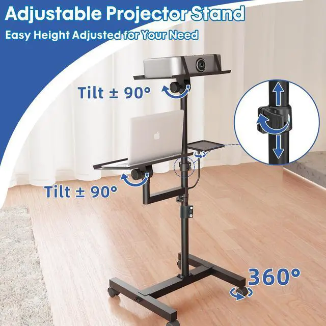 Alt view image 5 of 7 - 2 Shelves Mobile Projector Stand, Rolling Laptop Stand Adjustable Height to 47 Inches, Podium Stands with Ventilated Tray, Heavy Duty, Laptop Floor Stand for Office, Home, Stage, DJ