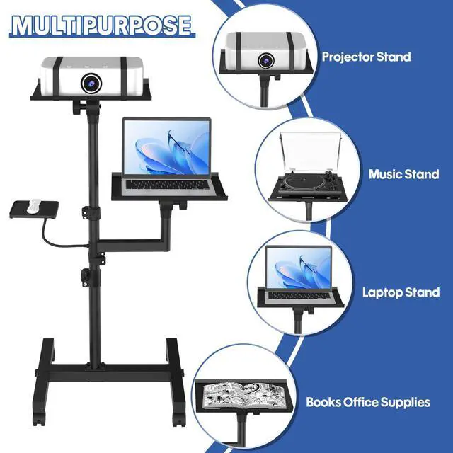 Alt view image 2 of 7 - 2 Shelves Mobile Projector Stand, Rolling Laptop Stand Adjustable Height to 47 Inches, Podium Stands with Ventilated Tray, Heavy Duty, Laptop Floor Stand for Office, Home, Stage, DJ