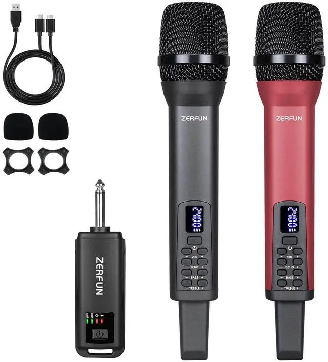 Main image of Dual Rechargeable Wireless Microphones, Pro Handheld Cordless Mics System with Echo Treble BASS VOL Control for Karaoke Singing Church Party, 1/4'' Output, Grey&Red