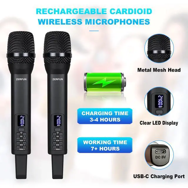 Alt view image 3 of 7 - 4 Rechargeable Wireless Microphones, Pro Handheld Cordless Mics System with Echo Treble BASS VOL Control for Karaoke Singing Church Party, 1/4'' Output, Black