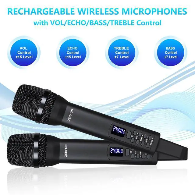 Alt view image 4 of 7 - 4 Rechargeable Wireless Microphones, Pro Handheld Cordless Mics System with Echo Treble BASS VOL Control for Karaoke Singing Church Party, 1/4'' Output, Black