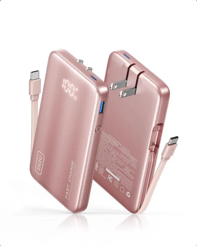 Main image of Portable Charger, Ultra Small 45W Fast Charging Power Bank with Built-in AC Wall Plug, 10000mAh GaN 3-in-1 Battery Pack for Flight-Safe Travel, for iPhone 17 16, Samsung S26, iPad etc, Pink