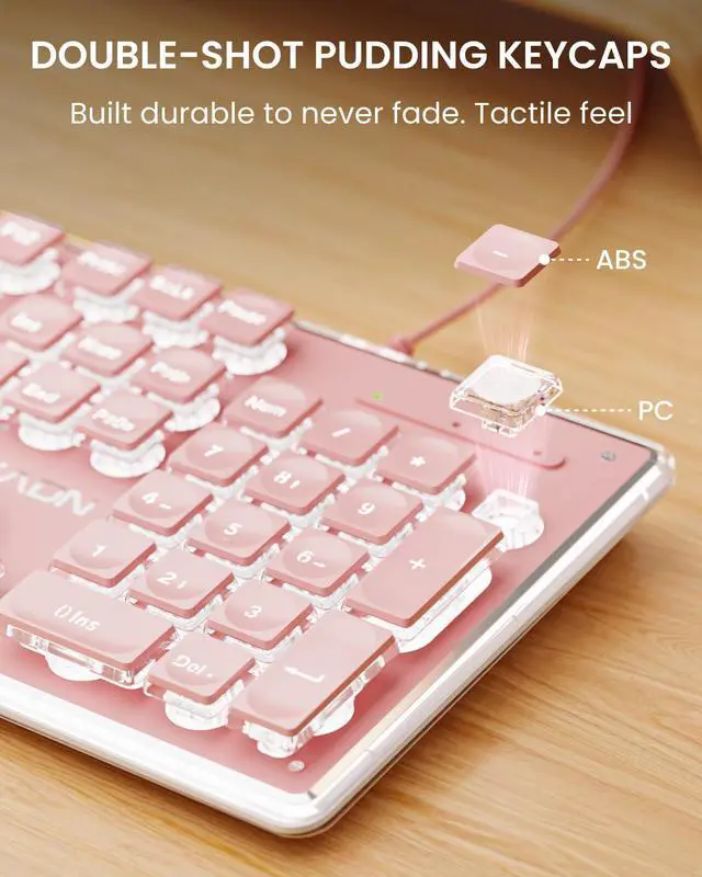 Alt view image 2 of 7 - GX710S Wired Keyboard and Mouse Combo with White Backlit Pudding Keycaps, Wrist Rest, Full Size, Metal Panel, Quiet Cute Ergonomic Computer Keyboard Mouse Set for Windows PC Desktop - Pink