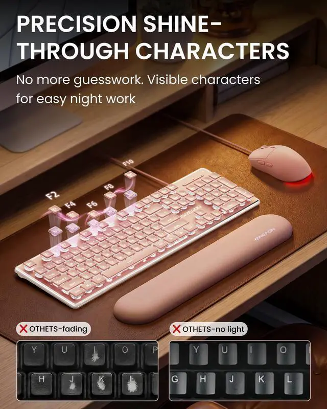Alt view image 3 of 7 - GX710S Wired Keyboard and Mouse Combo with White Backlit Pudding Keycaps, Wrist Rest, Full Size, Metal Panel, Quiet Cute Ergonomic Computer Keyboard Mouse Set for Windows PC Desktop - Pink