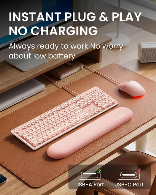 Alt view image 6 of 7 - GX710S Wired Keyboard and Mouse Combo with White Backlit Pudding Keycaps, Wrist Rest, Full Size, Metal Panel, Quiet Cute Ergonomic Computer Keyboard Mouse Set for Windows PC Desktop - Pink