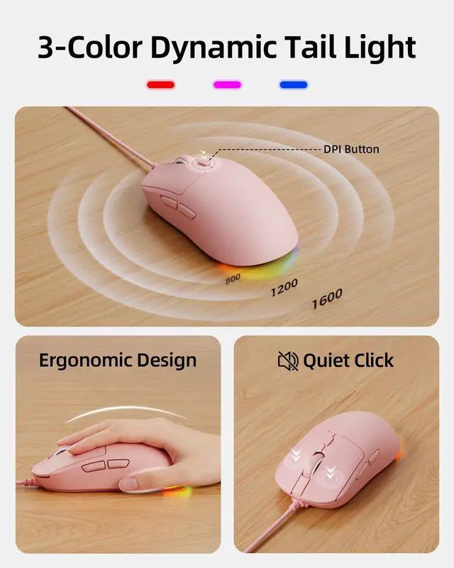 Alt view image 7 of 7 - GX710S Wired Keyboard and Mouse Combo with White Backlit Pudding Keycaps, Wrist Rest, Full Size, Metal Panel, Quiet Cute Ergonomic Computer Keyboard Mouse Set for Windows PC Desktop - Pink