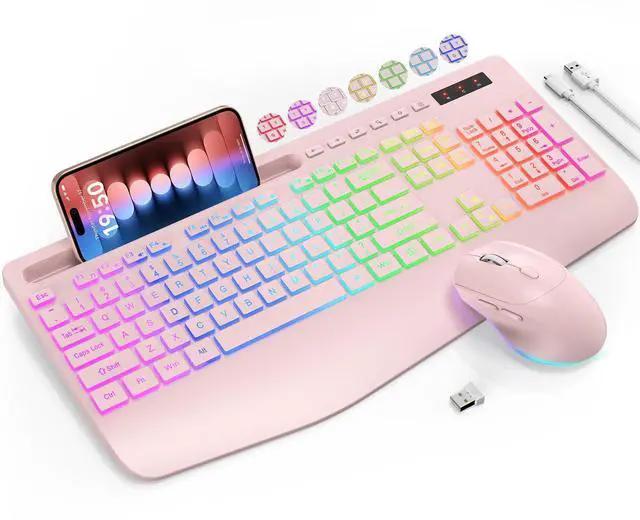 Main image of Wireless Keyboard and Mouse Combo, 9 Backlit Effects, Wrist Rest, Phone Holder, 2.4G Lag-Free Ergonomic Keyboards, KM22 MAX Rechargeable Silent Set for Computer, Laptop, Mac, Windows -SABLUTEPink
