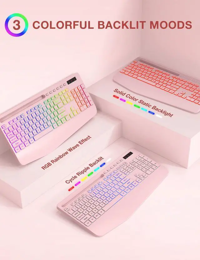 Alt view image 3 of 7 - Wireless Keyboard and Mouse Combo, 9 Backlit Effects, Wrist Rest, Phone Holder, 2.4G Lag-Free Ergonomic Keyboards, KM22 MAX Rechargeable Silent Set for Computer, Laptop, Mac, Windows -SABLUTEPink