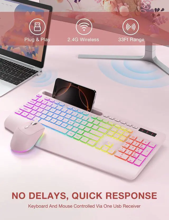 Alt view image 7 of 7 - Wireless Keyboard and Mouse Combo, 9 Backlit Effects, Wrist Rest, Phone Holder, 2.4G Lag-Free Ergonomic Keyboards, KM22 MAX Rechargeable Silent Set for Computer, Laptop, Mac, Windows -SABLUTEPink