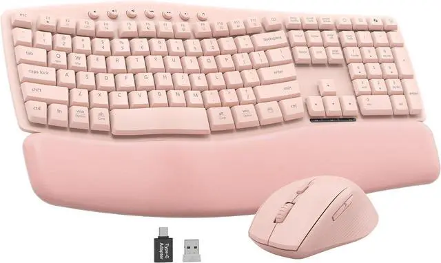 Main image of Pink Wireless Keyboard and Mouse Combo, 30dB Quiet Ergonomic Wave Keyboard Set with Soft Leather Palm Rest, Dual-System Switch for Windows/Mac, Ideal for Business Teams Home Office - MA41
