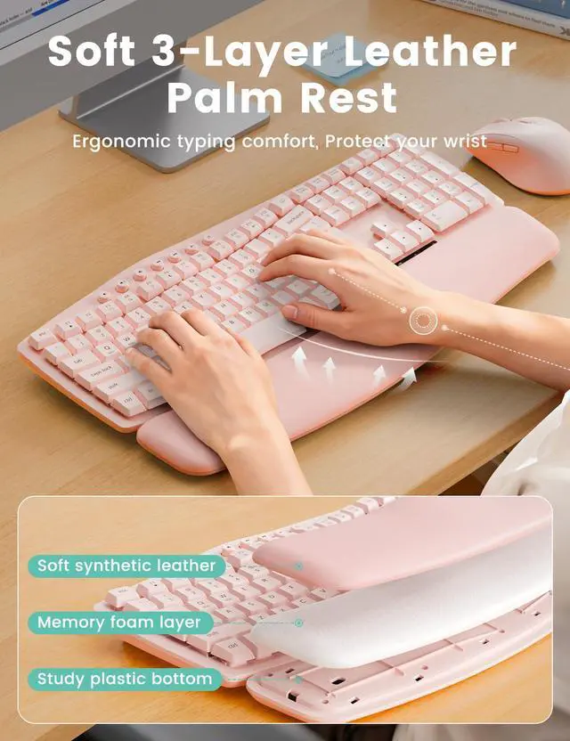Alt view image 2 of 7 - Pink Wireless Keyboard and Mouse Combo, 30dB Quiet Ergonomic Wave Keyboard Set with Soft Leather Palm Rest, Dual-System Switch for Windows/Mac, Ideal for Business Teams Home Office - MA41