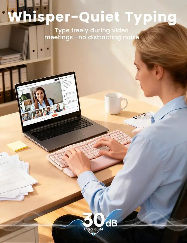 Alt view image 3 of 7 - Pink Wireless Keyboard and Mouse Combo, 30dB Quiet Ergonomic Wave Keyboard Set with Soft Leather Palm Rest, Dual-System Switch for Windows/Mac, Ideal for Business Teams Home Office - MA41