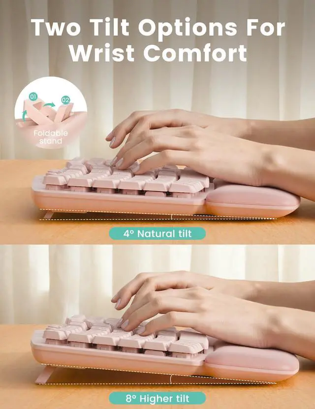 Alt view image 4 of 7 - Pink Wireless Keyboard and Mouse Combo, 30dB Quiet Ergonomic Wave Keyboard Set with Soft Leather Palm Rest, Dual-System Switch for Windows/Mac, Ideal for Business Teams Home Office - MA41