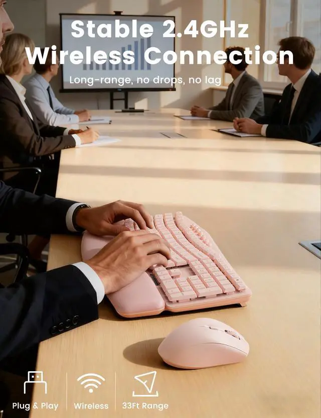 Alt view image 6 of 7 - Pink Wireless Keyboard and Mouse Combo, 30dB Quiet Ergonomic Wave Keyboard Set with Soft Leather Palm Rest, Dual-System Switch for Windows/Mac, Ideal for Business Teams Home Office - MA41
