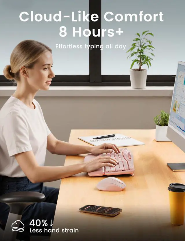 Alt view image 5 of 7 - Pink Wireless Keyboard and Mouse Combo, 30dB Quiet Ergonomic Wave Keyboard Set with Soft Leather Palm Rest, Dual-System Switch for Windows/Mac, Ideal for Business Teams Home Office - MA41