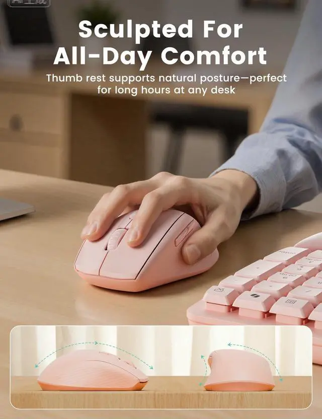 Alt view image 7 of 7 - Pink Wireless Keyboard and Mouse Combo, 30dB Quiet Ergonomic Wave Keyboard Set with Soft Leather Palm Rest, Dual-System Switch for Windows/Mac, Ideal for Business Teams Home Office - MA41