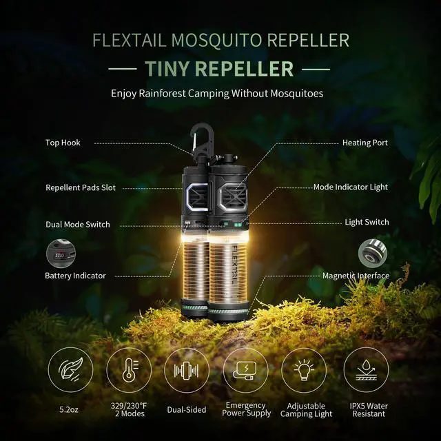 Alt view image 7 of 7 - Rechargeable Tiny Mosquito Repeller 329°F Heating 30ft Protection Zone Ultra Mini with Camping Light Magnetic Design for Outdoor Camping Backpacking Patios(Repellent Pads Not Included)- Black