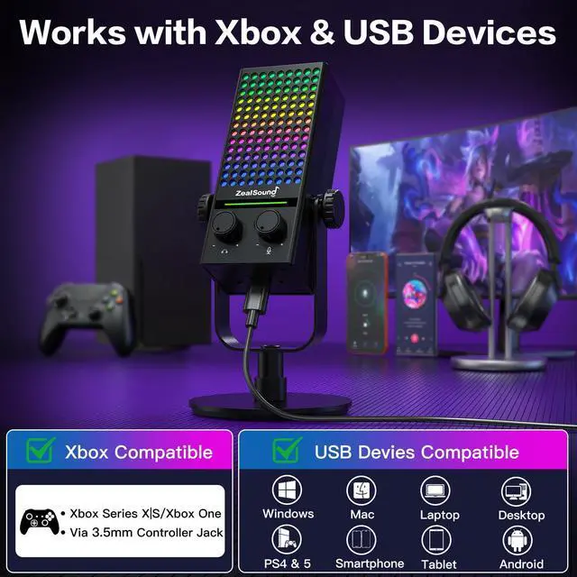 Alt view image 4 of 7 - USB Gaming Microphone for Xbox PC Mac iPhone & Android, Noise Reduction Mic with One-Tap Mute, Gain Control, Zero-Latency Monitoring & RGB Lighting, for YouTube TikTok Podcasting & Streaming