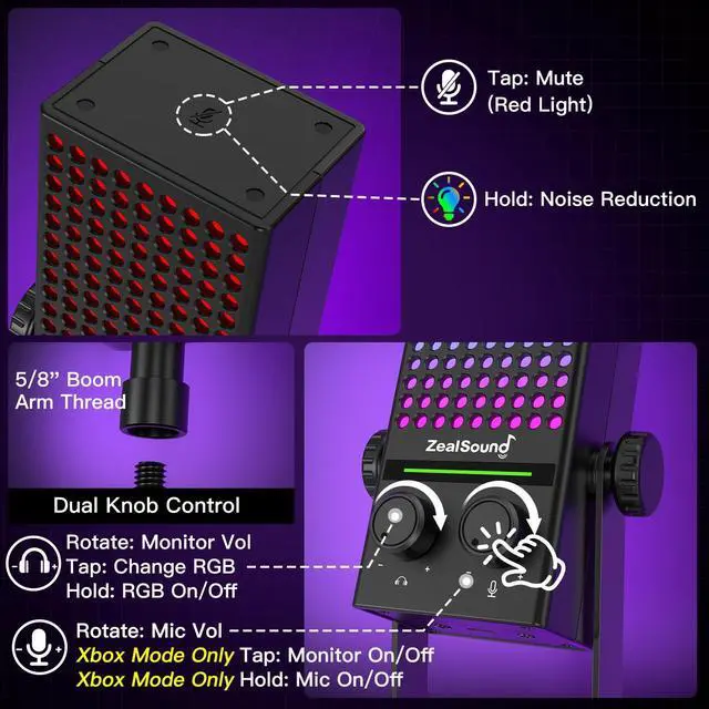Alt view image 5 of 7 - USB Gaming Microphone for Xbox PC Mac iPhone & Android, Noise Reduction Mic with One-Tap Mute, Gain Control, Zero-Latency Monitoring & RGB Lighting, for YouTube TikTok Podcasting & Streaming