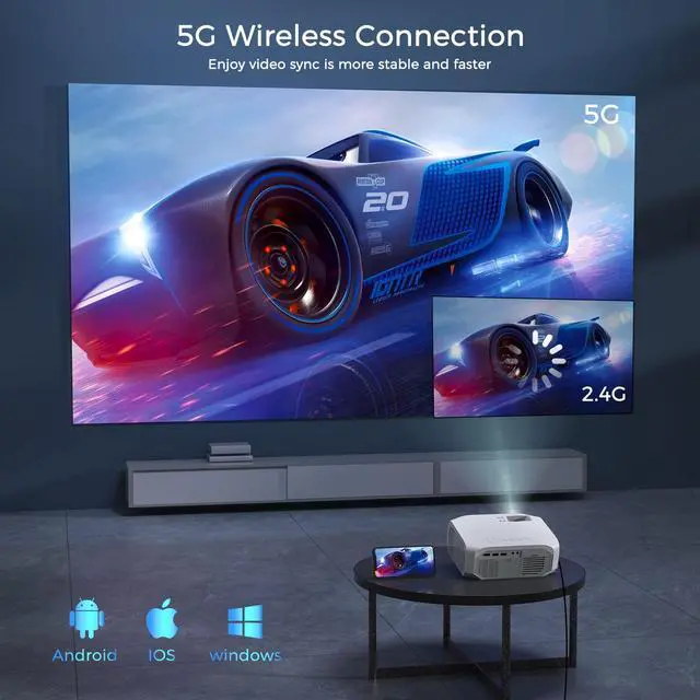 Alt view image 2 of 6 - Projector with 5G WiFi and Bluetooth Native 1080P 4K Support, Outdoor Movie Projector, Portable Home Theater Projector for iOS/Android/TV Stick/Laptop/HDMI/USB