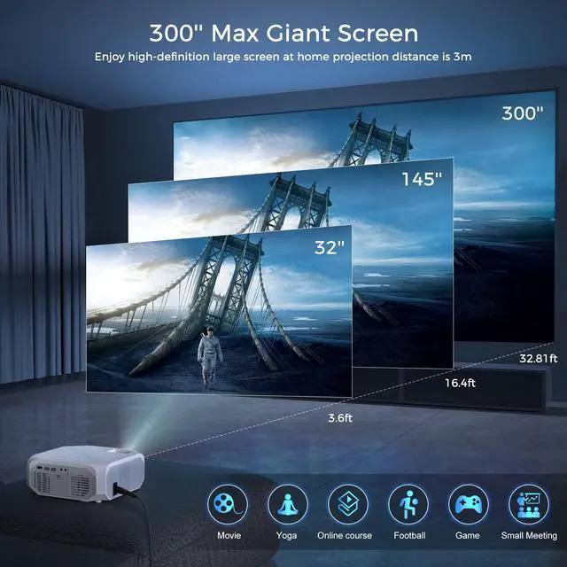 Alt view image 3 of 6 - Projector with 5G WiFi and Bluetooth Native 1080P 4K Support, Outdoor Movie Projector, Portable Home Theater Projector for iOS/Android/TV Stick/Laptop/HDMI/USB
