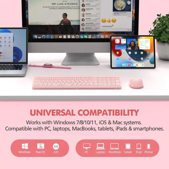 Alt view image 4 of 7 - Pink Wireless Keyboard and Mouse Combo for Desktop Mac iPad Bluetooth 2.4 Ghz Rechargeable Slim Silent Click with Number Pad Compatible with Pc, Laptop, Tablet (Pink)