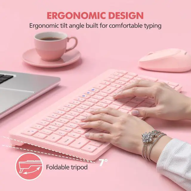 Alt view image 6 of 7 - Pink Wireless Keyboard and Mouse Combo for Desktop Mac iPad Bluetooth 2.4 Ghz Rechargeable Slim Silent Click with Number Pad Compatible with Pc, Laptop, Tablet (Pink)