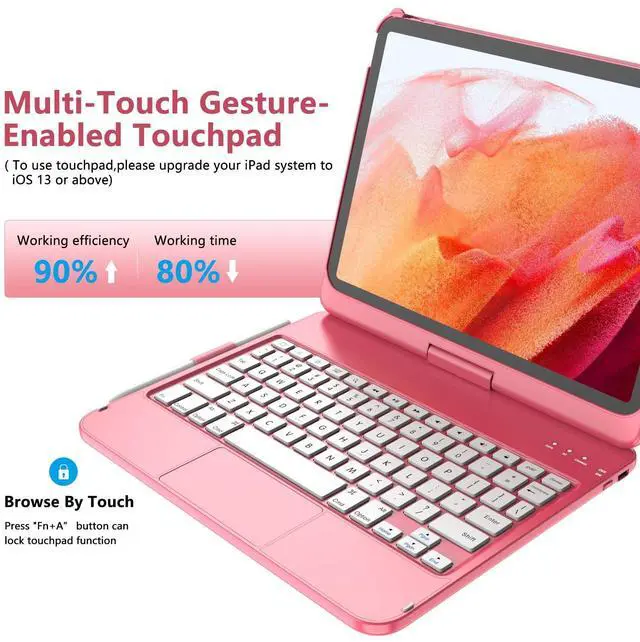 Alt view image 2 of 7 - Touch for iPad (A16) 11th Generation Case with Keyboard (11", 2025) & 10th Gen (10.9", 2022) - 360° Rotatable, Thin & Light, Multi-Touch Trackpad for iPad (A16) 11th/10th Gen (Dark Pink)