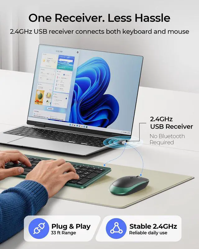 Alt view image 2 of 7 - Wireless Keyboard and Mouse Combo, Rechargeable Quiet Keyboard Mouse, Sleek and Ultra Thin Design, Full-Size with Number Pad for Windows, Laptop, PC, Notebook, Desktop- Dark Green