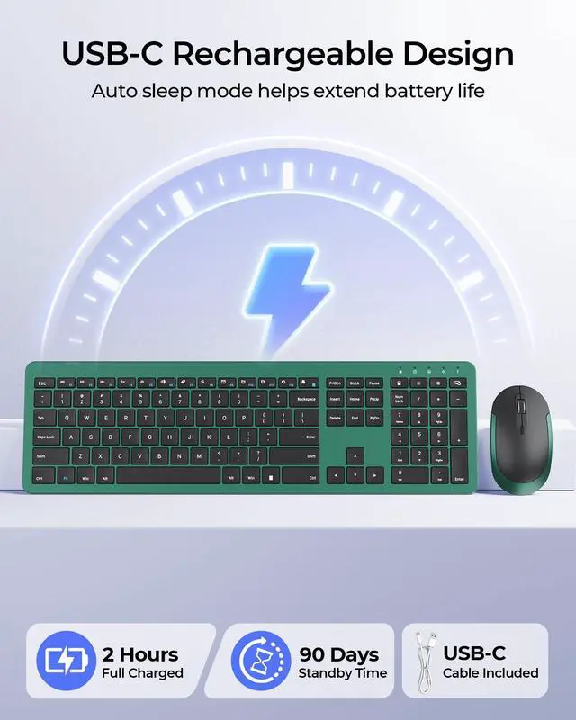 Alt view image 3 of 7 - Wireless Keyboard and Mouse Combo, Rechargeable Quiet Keyboard Mouse, Sleek and Ultra Thin Design, Full-Size with Number Pad for Windows, Laptop, PC, Notebook, Desktop- Dark Green