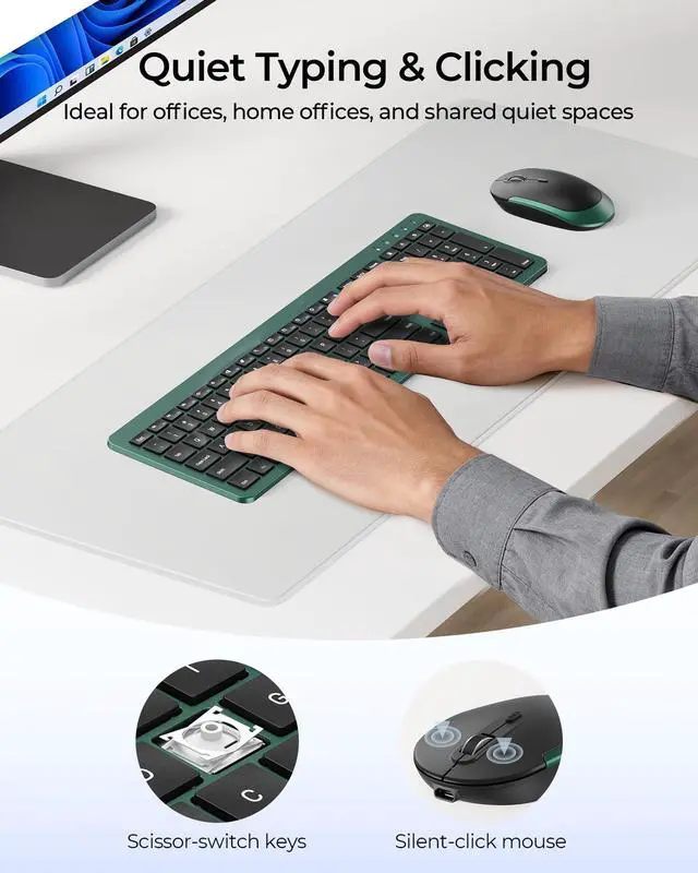 Alt view image 4 of 7 - Wireless Keyboard and Mouse Combo, Rechargeable Quiet Keyboard Mouse, Sleek and Ultra Thin Design, Full-Size with Number Pad for Windows, Laptop, PC, Notebook, Desktop- Dark Green