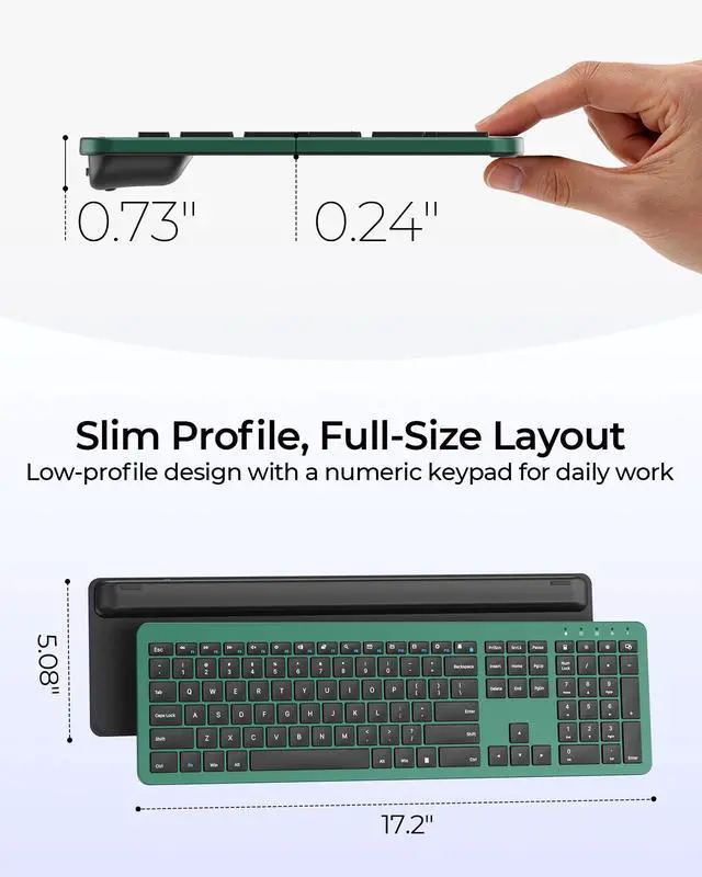 Alt view image 5 of 7 - Wireless Keyboard and Mouse Combo, Rechargeable Quiet Keyboard Mouse, Sleek and Ultra Thin Design, Full-Size with Number Pad for Windows, Laptop, PC, Notebook, Desktop- Dark Green