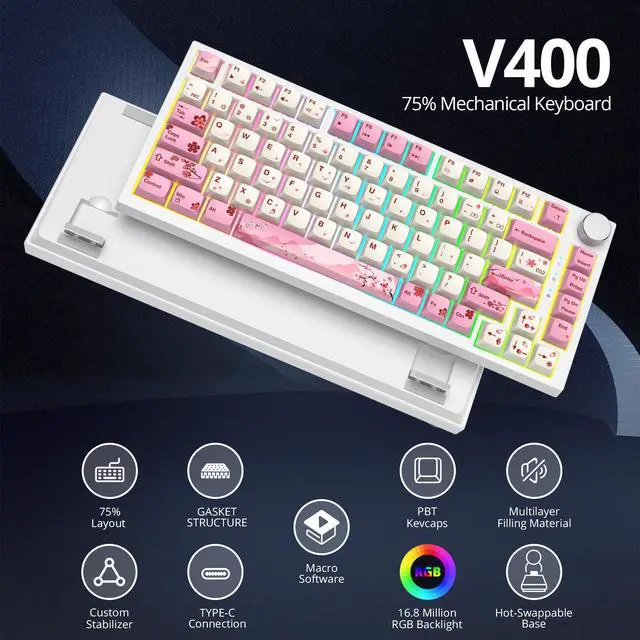 Alt view image 5 of 7 - 75% TKL Wired Mechanical Keyboard,RGB Backlit Gasket Mount 82 Key Hot Swappable Custom Linear Red Switch Gaming Keyboard with Volume Knob & PBT Keycaps (Pink)