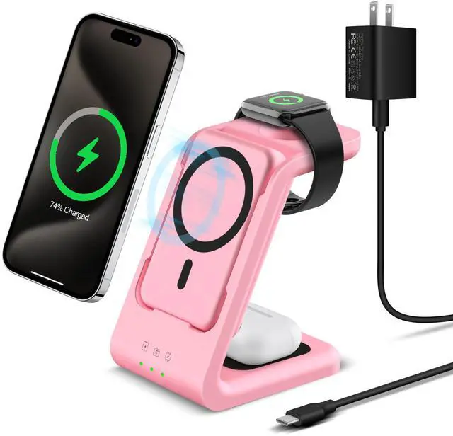 Main image of 3 in 1 Wireless Charging Station: 5000mAh Removable Power Bank Charger Stand for Phone/Watch/Air Pods - Portable Magnetic Battery Pack for Air 17 16 15 14 13 12 Series Pink