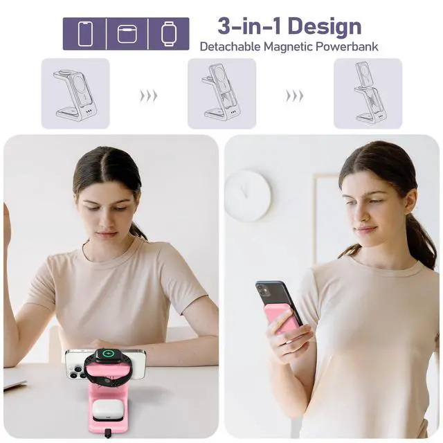 Alt view image 3 of 7 - 3 in 1 Wireless Charging Station: 5000mAh Removable Power Bank Charger Stand for Phone/Watch/Air Pods - Portable Magnetic Battery Pack for Air 17 16 15 14 13 12 Series Pink