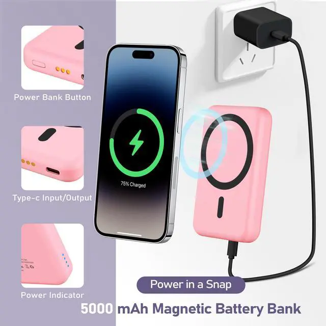 Alt view image 4 of 7 - 3 in 1 Wireless Charging Station: 5000mAh Removable Power Bank Charger Stand for Phone/Watch/Air Pods - Portable Magnetic Battery Pack for Air 17 16 15 14 13 12 Series Pink