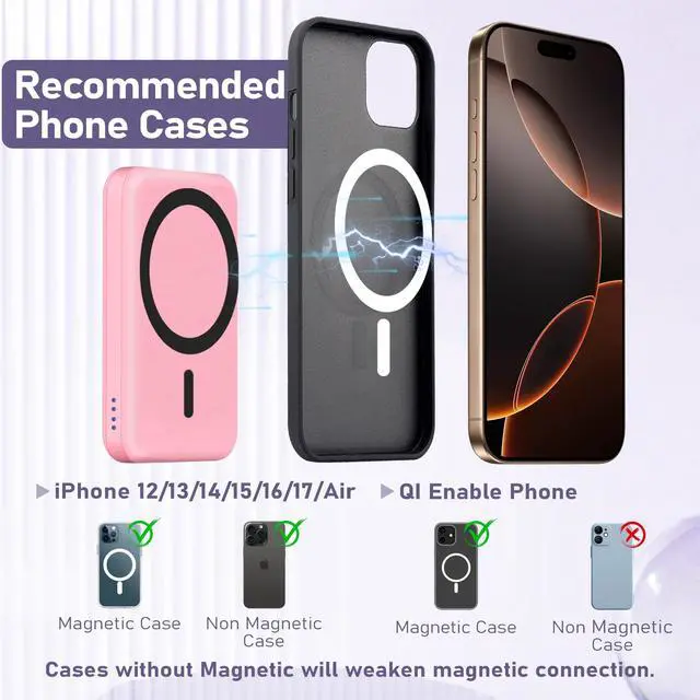 Alt view image 5 of 7 - 3 in 1 Wireless Charging Station: 5000mAh Removable Power Bank Charger Stand for Phone/Watch/Air Pods - Portable Magnetic Battery Pack for Air 17 16 15 14 13 12 Series Pink
