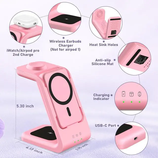 Alt view image 6 of 7 - 3 in 1 Wireless Charging Station: 5000mAh Removable Power Bank Charger Stand for Phone/Watch/Air Pods - Portable Magnetic Battery Pack for Air 17 16 15 14 13 12 Series Pink