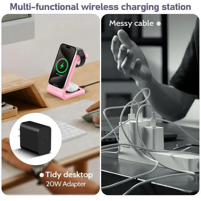 Alt view image 7 of 7 - 3 in 1 Wireless Charging Station: 5000mAh Removable Power Bank Charger Stand for Phone/Watch/Air Pods - Portable Magnetic Battery Pack for Air 17 16 15 14 13 12 Series Pink