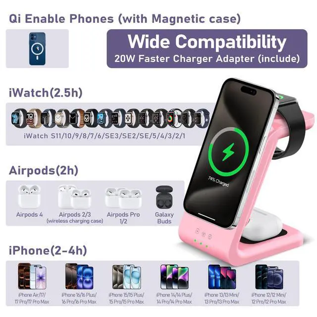 Alt view image 2 of 7 - 3 in 1 Wireless Charging Station: 5000mAh Removable Power Bank Charger Stand for Phone/Watch/Air Pods - Portable Magnetic Battery Pack for Air 17 16 15 14 13 12 Series Pink