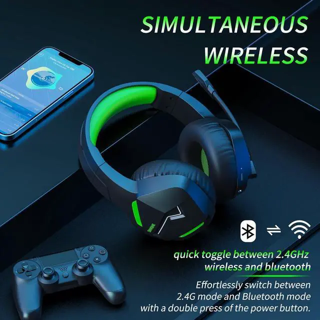 Alt view image 2 of 7 - 2.4GHz Wireless Gaming Headset, Bluetooth 5.3 Gaming Headphones with Noise Canceling Mic, 120H Ultra-Long Battery, 50mm Drivers, Multi-Platform for PC / PS5 /PS4/ Switch/Mobile, Green