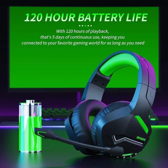 Alt view image 3 of 7 - 2.4GHz Wireless Gaming Headset, Bluetooth 5.3 Gaming Headphones with Noise Canceling Mic, 120H Ultra-Long Battery, 50mm Drivers, Multi-Platform for PC / PS5 /PS4/ Switch/Mobile, Green