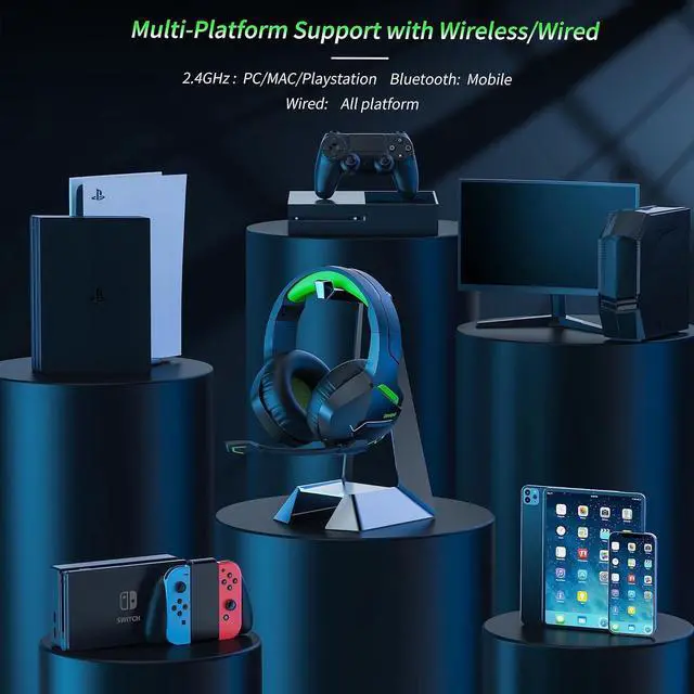 Alt view image 6 of 7 - 2.4GHz Wireless Gaming Headset, Bluetooth 5.3 Gaming Headphones with Noise Canceling Mic, 120H Ultra-Long Battery, 50mm Drivers, Multi-Platform for PC / PS5 /PS4/ Switch/Mobile, Green