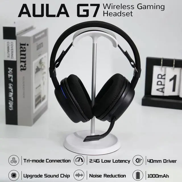 Alt view image 2 of 7 - Aula G7 Wireless Gaming Headset, Surround Sound 10ms Low Latency, PC Headset with Detachable Noise Canceling Mic, 40mm Driver, Tri-Mode 2.4G/BT5.2/Wired 3.5mm, Over Ear Headphone for PS5, PS4, Switch