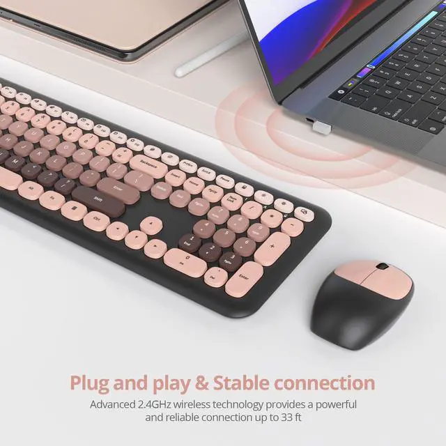 Alt view image 2 of 5 - Cute Colorful Keyboard and Mouse Wireless Silent, Full-Size Retro Typewriter Wireless Quiet Black and Pink Keyboard Low-Noise 2.4GHz for Computer, Desktop, Laptop(6-Heimei)